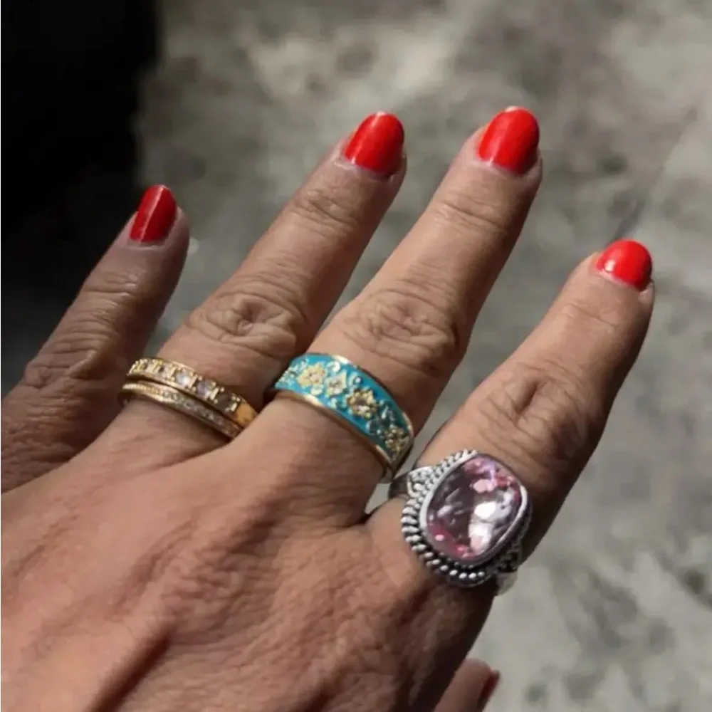 Retro Copper Hand Carved Texture Palace Turquiose Gold Ring Set - SIZE 6